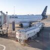 A Lufthansa passenger jet refuels at the gate at Toulouse-Blagnac Airport in France in March 2026.