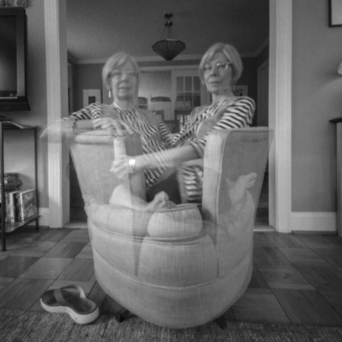 Nancy Breslin's double self-portrait taken on Worldwide Pinhole Photo Day 2019. 4 minute pinhole exposure.