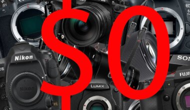 A collage of various professional cameras from brands like Nikon, Canon, Sony, Fujifilm, and Lumix, with a large red dollar sign and zero ($0) overlaid across the image.