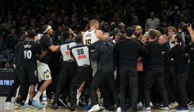 Jaden McDaniels angers the Nuggets again with a late layup that triggers shoving from Jokic