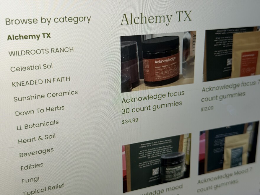 A photograph of Alchemy TX website showing gummies and other products for sale.