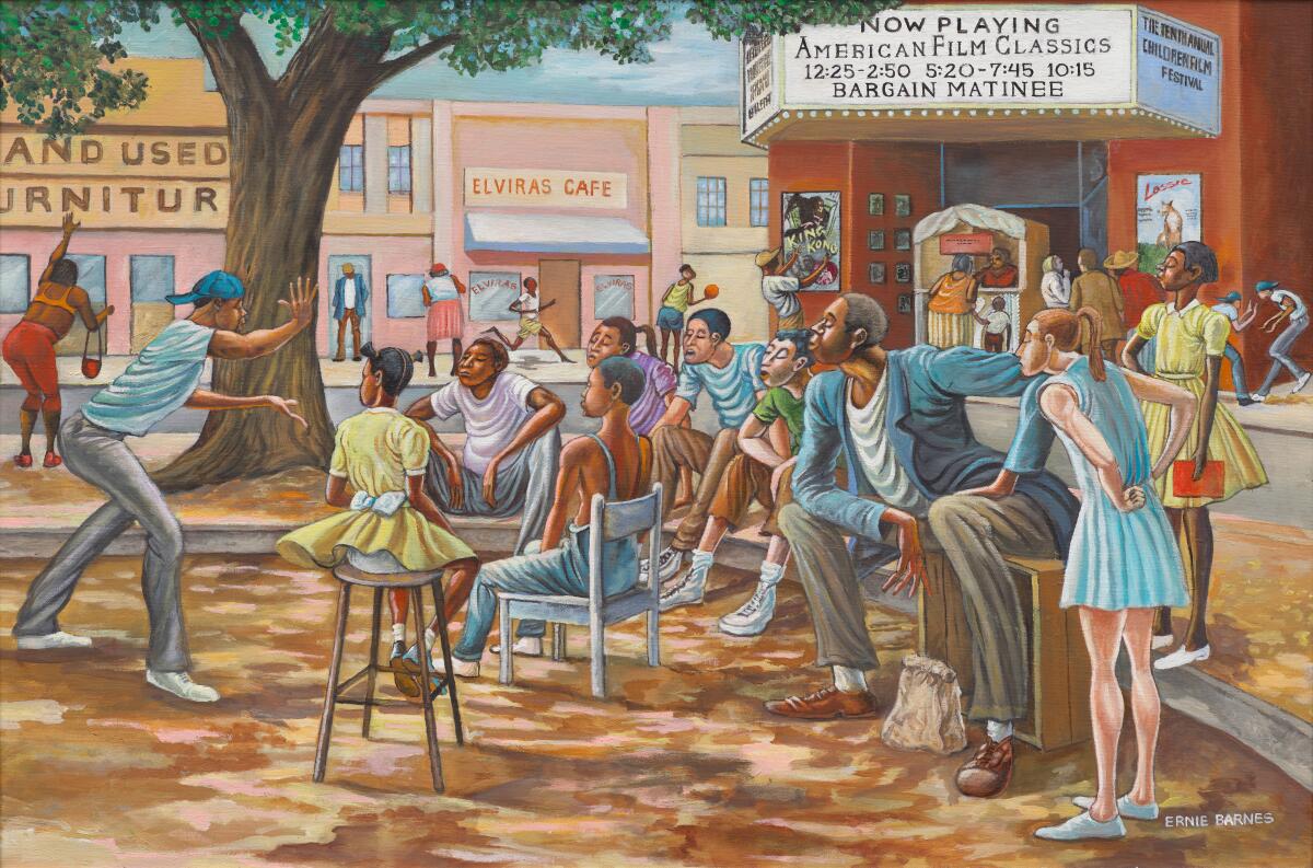 A painting of a city street scene.
