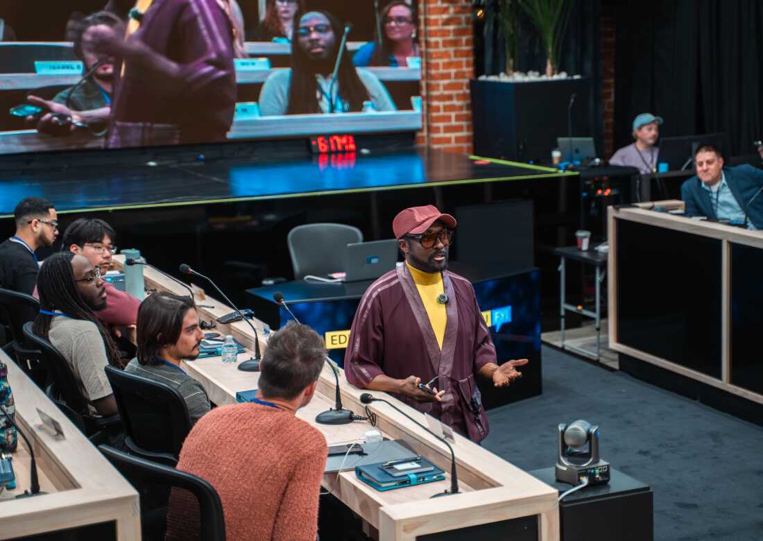 Pop star-turned-Arizona State University professor will.i.am teaches “The Agentic Self” at his headquarters in Los Angeles, Calif., on Jan. 14, 2026.