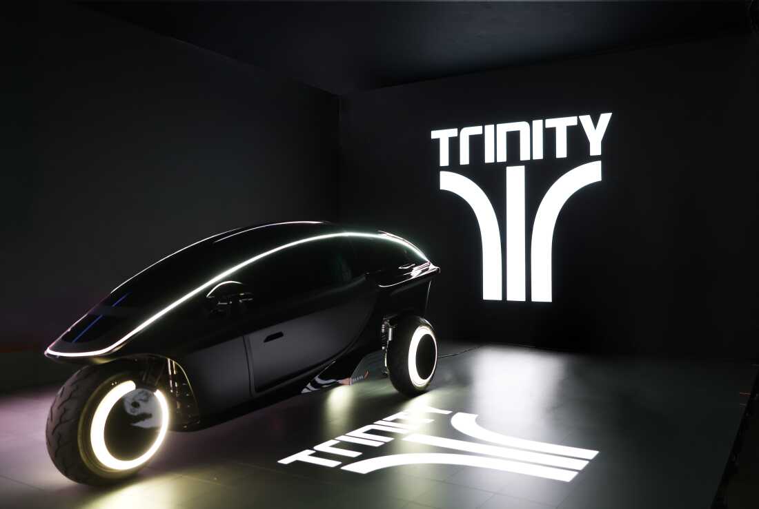A prototype of "Trinity," will.i.am's three-wheeled electric vehicle is equipped with an agentic AI system to help increase productivity while driving.