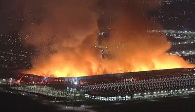 Arson suspect arrested after massive fire tears through warehouse in Ontario