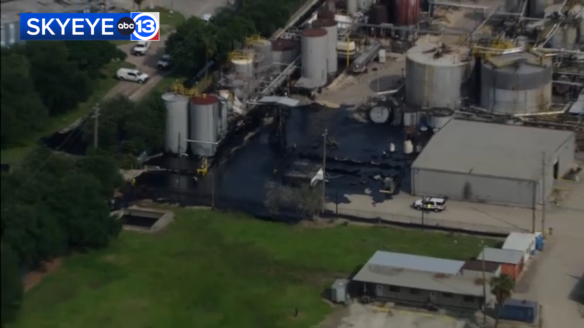 SkyEye13 showed asphalt scattered over the active scene of an accident at a South Houston industrial facility.