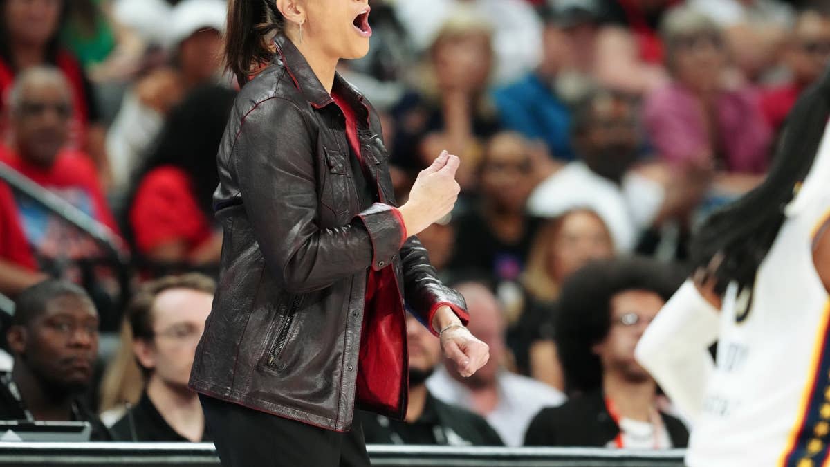 Indiana Fever head coach Stephanie White reacts to play by the Las Vegas Aces.Stephen R&period; Sylvanie-Imagn Images
