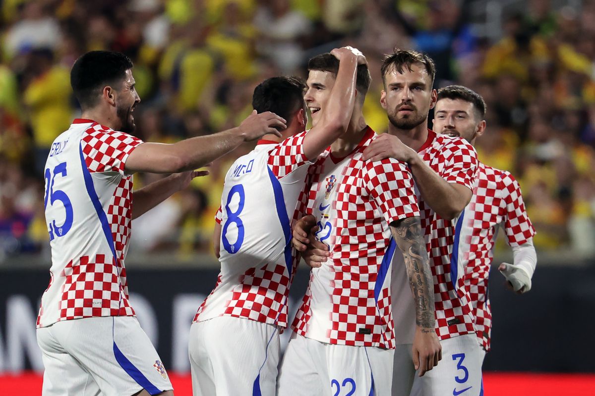 Luka Vuskovic celebrates scoring his first goal for his country during the international friendly match between Colombia and Croatia at Camping World Stadium in Orlando, Florida
