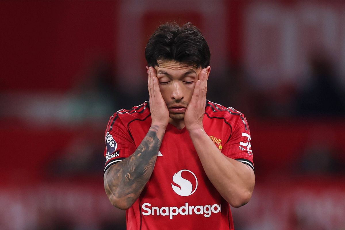 Lisandro Martinez after being shown a red card for pulling the hair of Dominic Calvert-Lewin during the Premier League match between Manchester United and Leeds United.