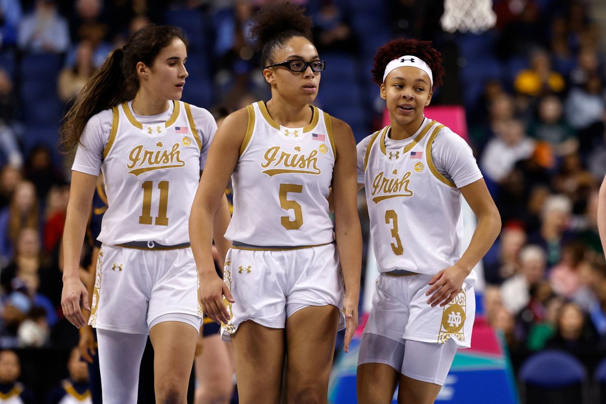 Olivia Miles #5 and Hannah Hidalgo #3 of the Notre Dame Fighting Irish look on during the second half against the California Golden Bears in a quarterfinals game of the ACC women's basketball tournament at First Horizon Coliseum on March 7, 2025 in Greensboro, North Carolina