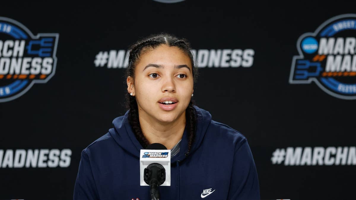 Mar 26, 2026; Fort Worth, TX, USA; UConn Huskies guard Azzi Fudd (35) speaks during a press conference ahead of the women's 2026 NCAA Tournament at Dickies Arena. Mandatory Credit: Chris Jones-Imagn Images© Chris Jones-Imagn Images&period;