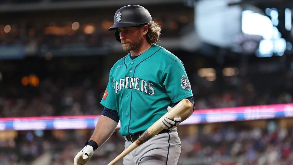 Brendan Donovan #33 of the Seattle Mariners walks to the dugout following a strike out during the first inning against the Texas Rangers at Globe Life Field on April 08, 2026 in Arlington, Texas. (Photo by Stacy Revere/Getty Images)