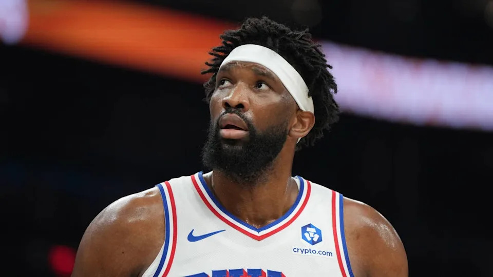 Philadelphia 76ers center Joel Embiid (21) reacts during a game.Rick Scuteri-Imagn Images