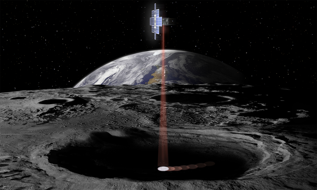 Concept image showing NASA's Lunar Flashlight, a CubeSat that will use lasers to look for water ice, in a position over the South Pole of the Moon. (NASA)