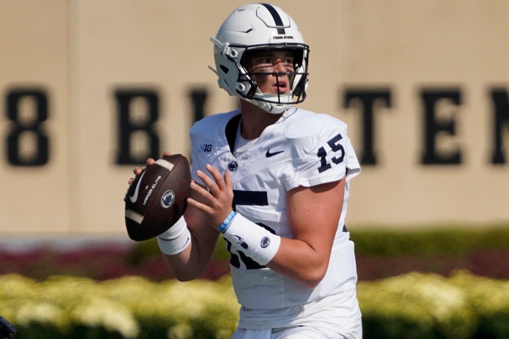 Penn State Nittany Lions quarterback Drew Allar (15) passes against the Northwestern Wildcats during the first half at Ryan Field. 