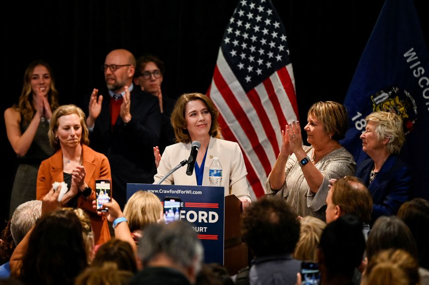 Susan Crawford speaks to supporters after voters elected her to the state Supreme Court, at her election night headquarters in Madison, Wisconsin, on April 1, 2025.