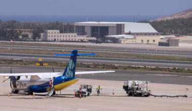 A worker refuels a Canaryfly airline plane at Gran Canaria airport, in Ingenio.