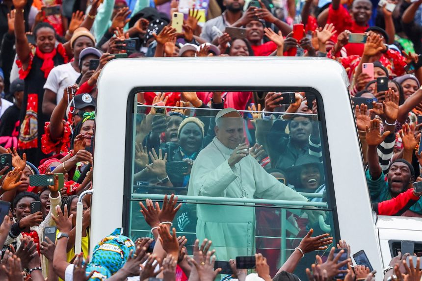Pope Leo XIV arrives at Bamenda airport in Cameroon during his tour of Africa.