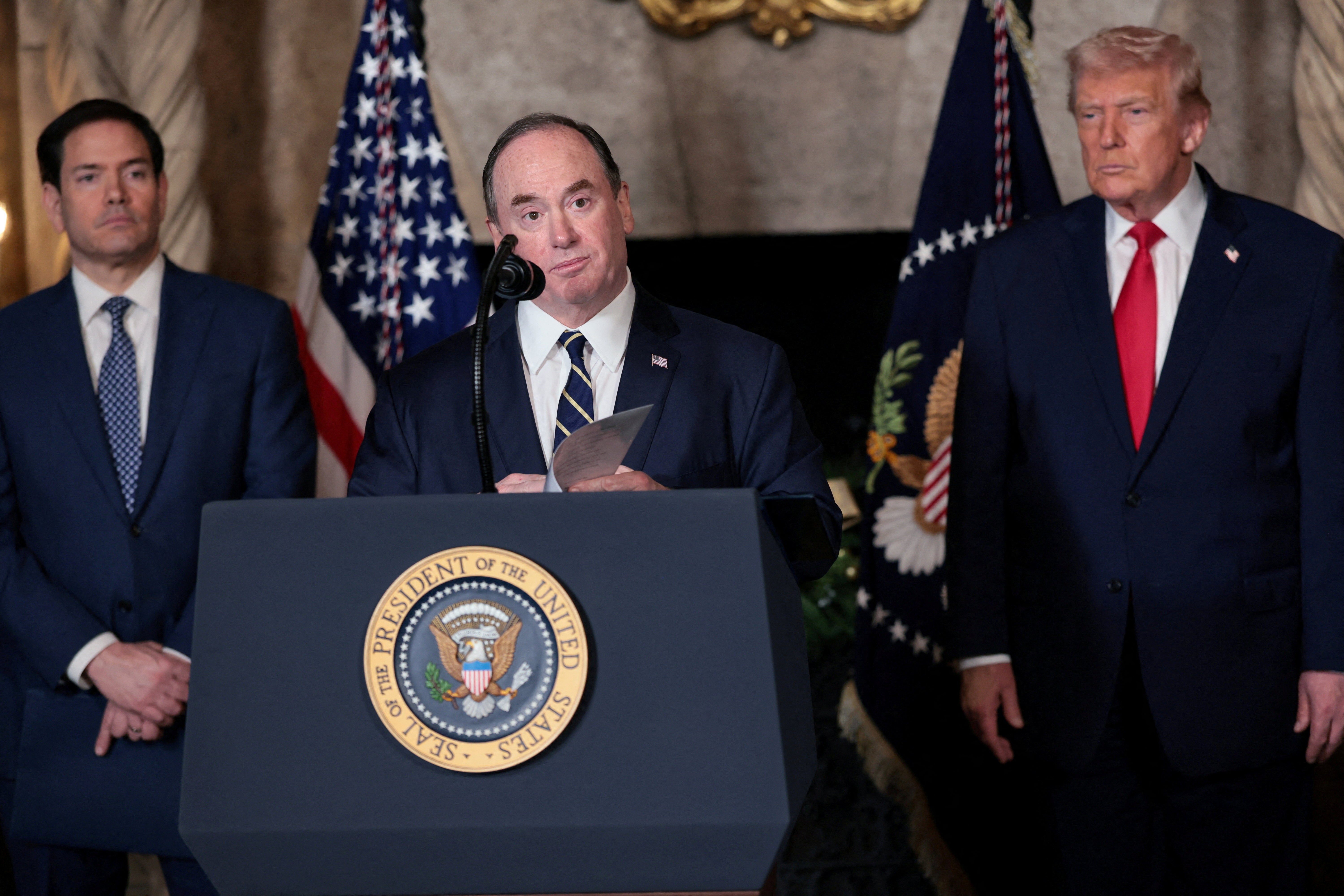 File. John Phelan (C) speaks after Donald Trump announced the Navy’s ‘Golden Fleet’, at Mar-a-lago in Palm Beach, Florida, US, 22 December 2025