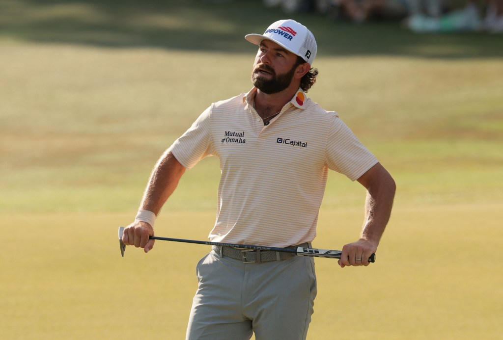 Cameron Young of the U.S. reacts after his par on the 14th hole during the final round of The Masters.
