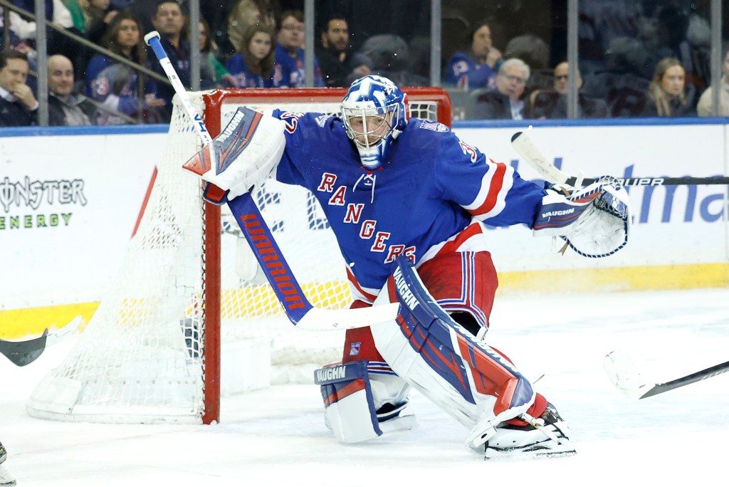 New York Rangers goaltender Jonathan Quick (32) defends the net during the second period when the New York Rangers played the New Jersey Devils Wednesday, March 18, 2026 at Madison Square Garden