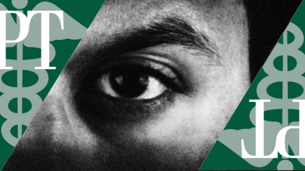 Photo collage featuring a zoomed in crop of an angry man's eye, spliced by clippings of the MPT logo.