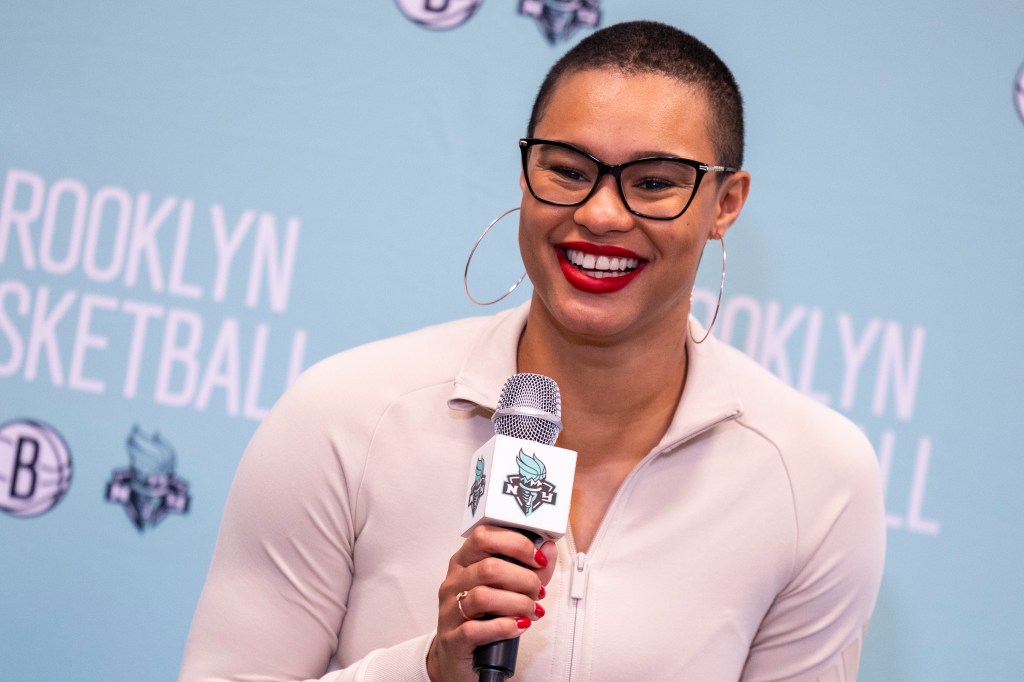 New York Liberty Satou Sabally speaks with the media at a welcome event at the Brooklyn Basketball Training Center, Friday, April 17, 2026, in Brooklyn, NY.