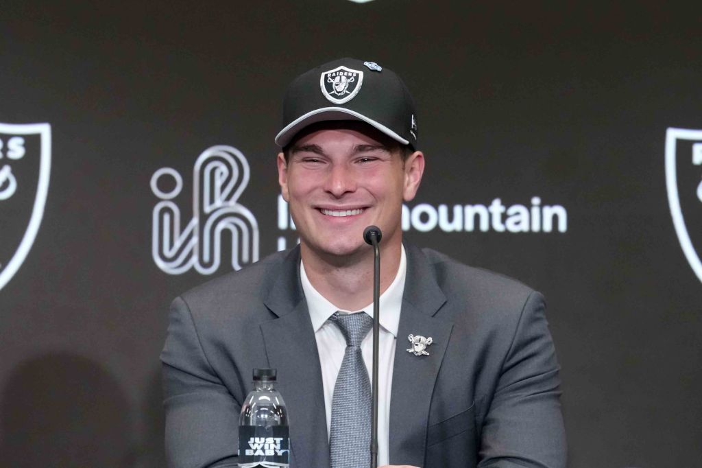 Las Vegas Raiders quarterback Fernando Mendoza speaks at introductory press conference at Intermountain Health Performance Center after being selected as the No. 1 pick in the 2026 NFL Draft. 