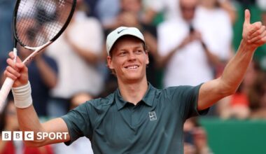 Jannik Sinner of Italy celebrates defeating Felix Auger-Aliassime of Canada in the quater finals