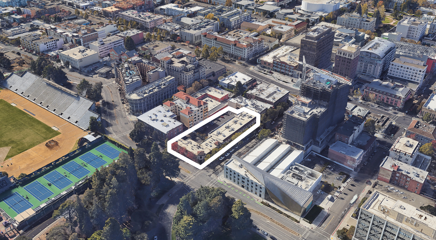 2128 Oxford Street lot approximately outlined by SF YIMBY, aerial view via Google Street View