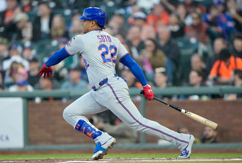 Juan Soto #22 of the New York Mets hits a single against the San Francisco Giants in the top of the first inning at Oracle Park on April 03, 2026 in San Francisco, California. 