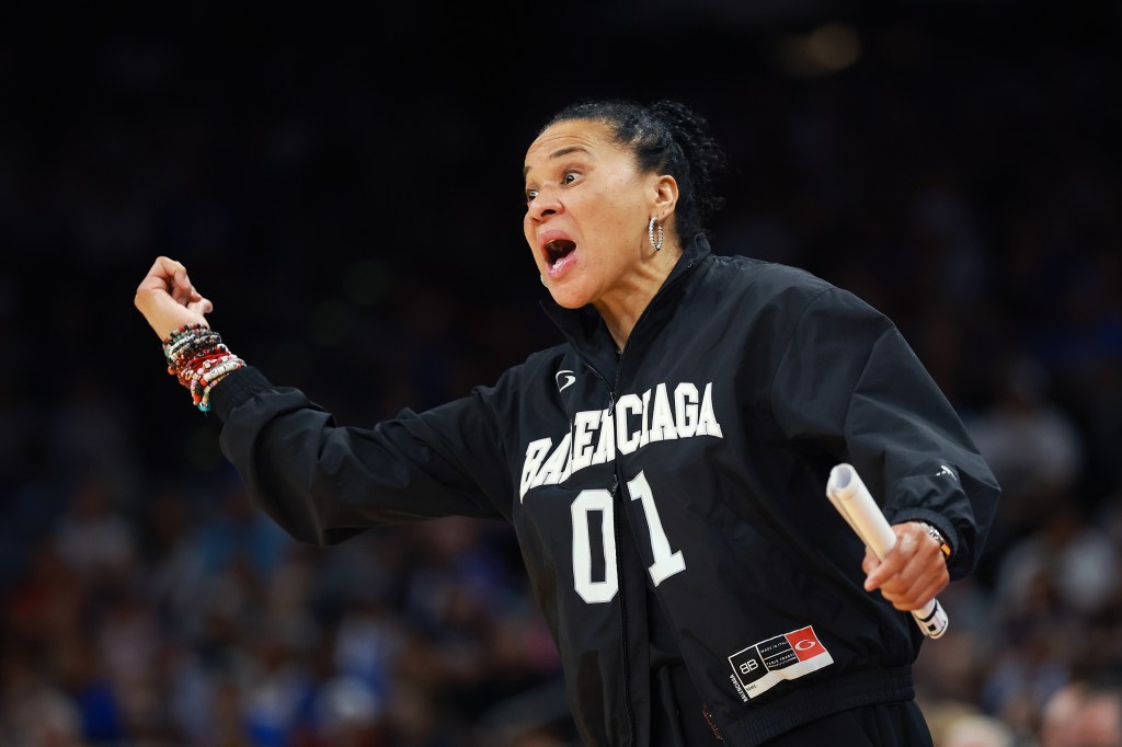 South Carolina coach Dawn Staley yelling during a game.