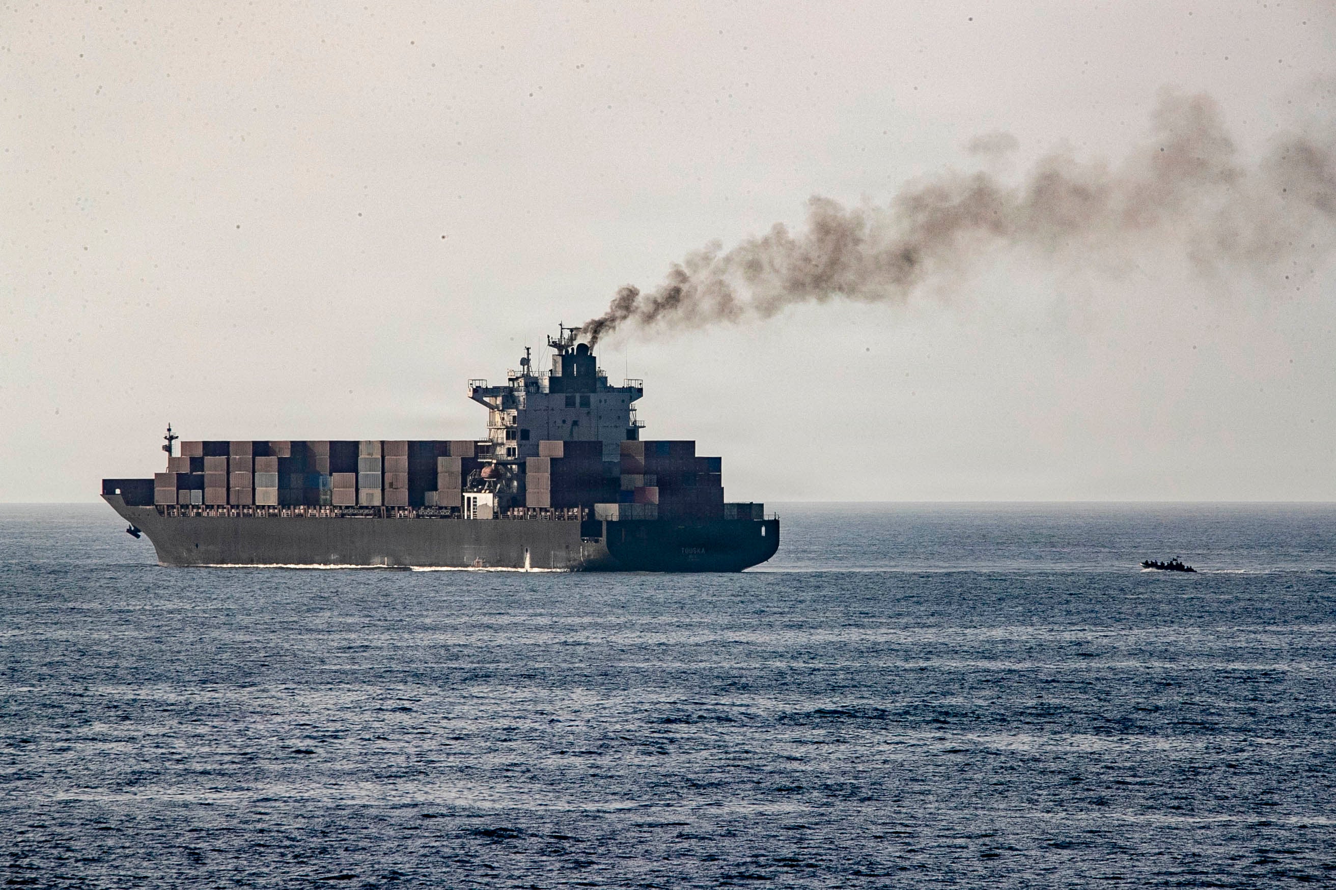 U.S. forces patrol the Arabian Sea near M/V Touska on April 20, 2026, after firing upon the Iranian-flagged vessel