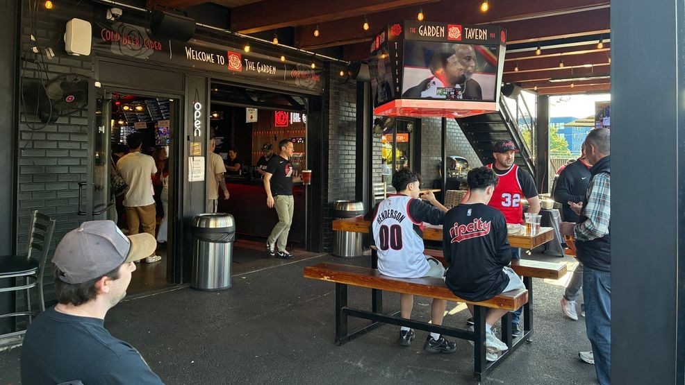 Portland Trail Blazers' fans gather at The Garden Tavern, a few blocks from the Moda Center, where their team takes on the San Antonio Spurs on Friday night, April 24, 2026. (Jennifer Singh/KATU)