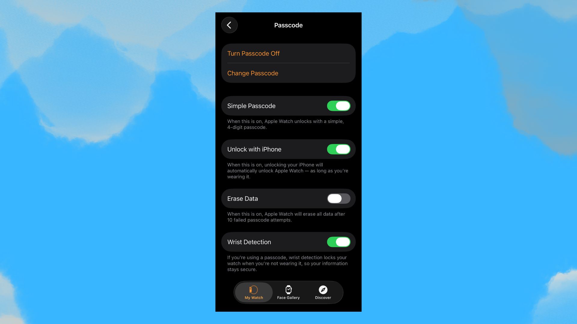 A screenshot of an iPhone that illustrates how to turn on Wrist Detection.