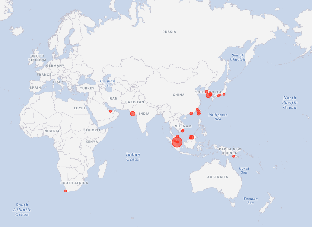 A map shows markers dotted across the Asia region.