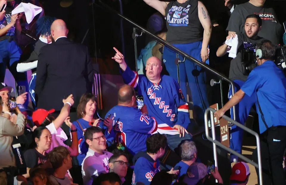 MSG management claimed they spoke with 'Dancing Larry' Goodman, seen here during a 2022 playoff game between the New York Rangers and the Carolina Hurricanes, about limiting his interactions with staffers to fist bumps and standard high-fives (Getty Images)