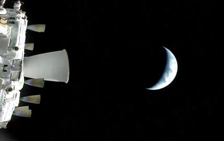 A view of the Earth from NASA’s Orion spacecraft as it orbits above the planet during the Artemis II test flight.
