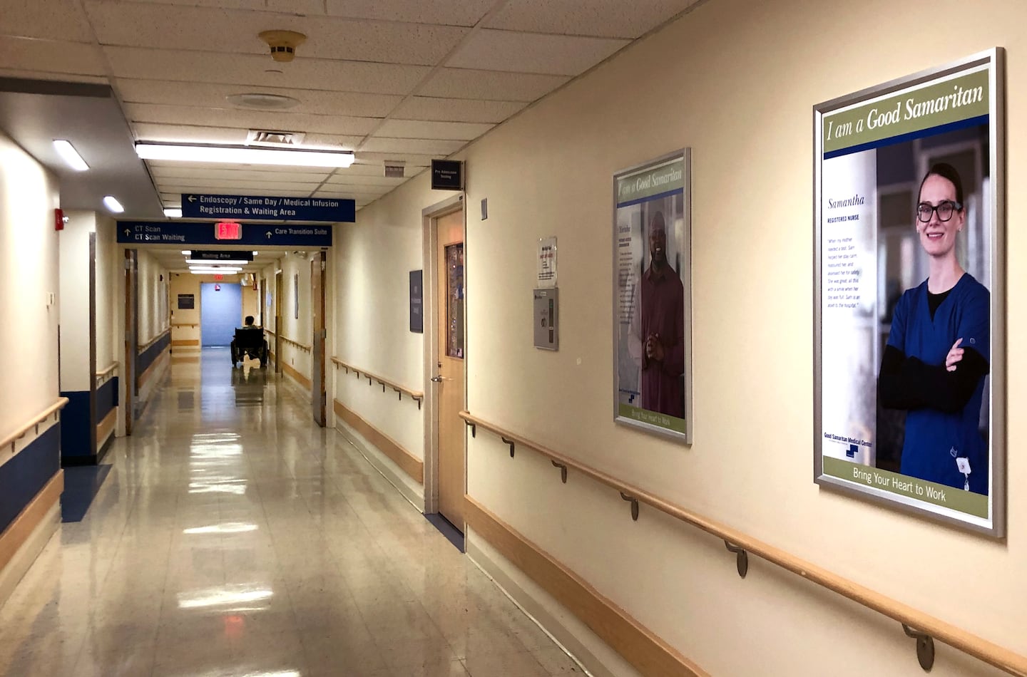A hallway at Good Samaritan Medical Center, now known as Boston Medical Center - South, in 2024.