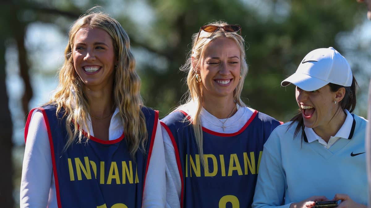 Indiana Fever guard Sophie Cunningham (8) and guard Lexie Hull (10) look on as guard Caitlin Clark (22) plays in the Annika Pro-Am golf tournament. Mandatory Credit&colon; Nathan Ray Seebeck-Imagn Images