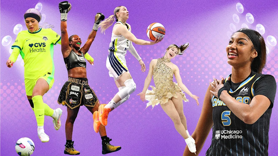 Trinity Rodman drives down the pitch; Claressa Shields celebrates a victory; Paige Bueckers shoots a layup; Alysa Liu skates her Olympic routine; Angel Reese smiles during a WNBA game in August 2025. 