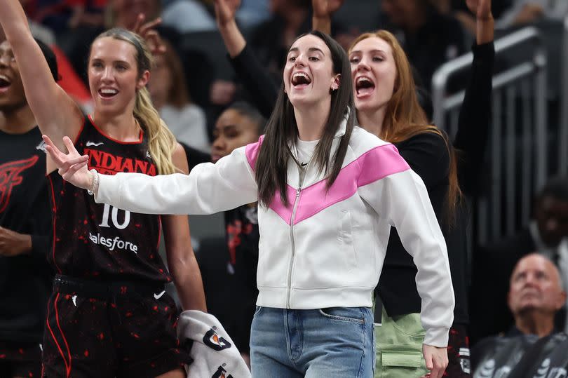 Caitlin Clark #22 of the Indiana Fever  celebrates a basket during the game against the Minnesota Lynx at Gainbridge Fieldhouse on September 09, 2025 in Indianapolis, Indiana