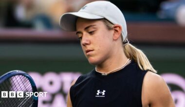 Sonay Kartal reacts during her meeting with Elena Rybakina at Indian Wells