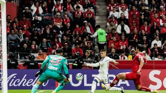 LA Galaxy Winger Gabriel Pec takes a shot and scores LA's first goal in their 4-2 away loss to Toluca in the Concacaf Champions Cup Quarterfinal First Leg on Wednesday, April 8, 2026.