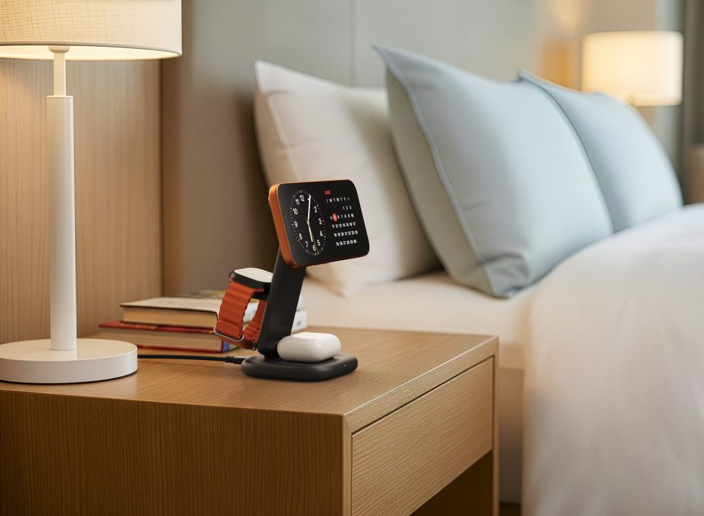 A device on a table next to a bed