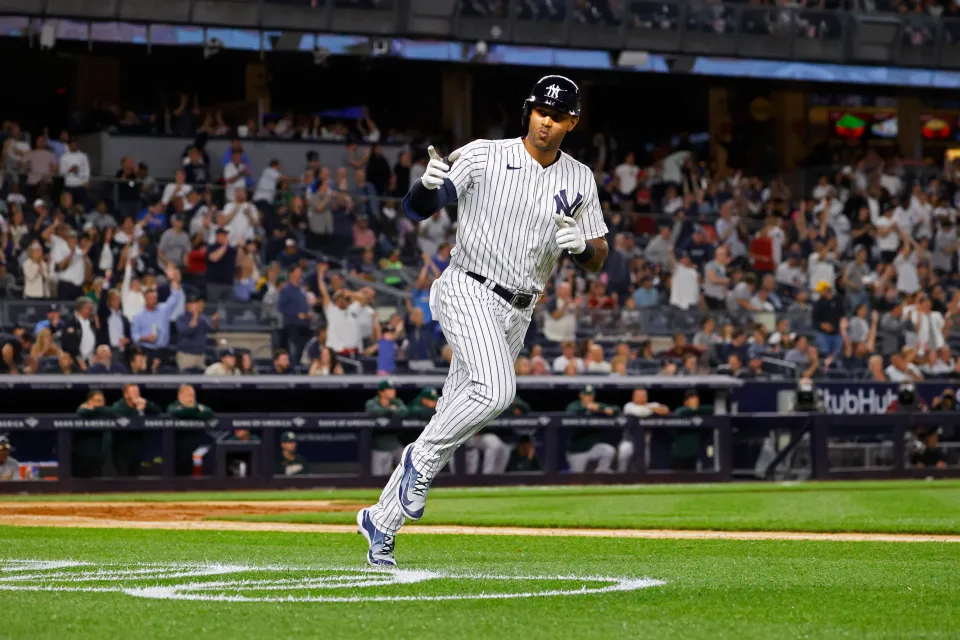 Aaron Hicks #31 of the New York Yankees hits a home run during a game against the Oakland Athletics at Yankee Stadium on May 08, 2023, in New York, New York.