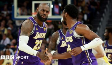 LeBron James and son Bronny on court for LA Lakers against Golden State Warriors