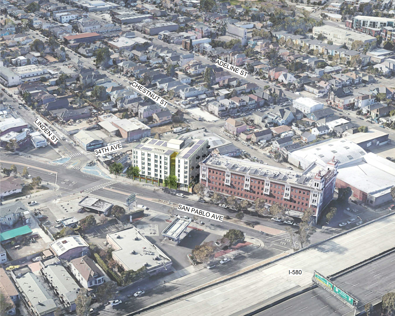 3431 San Pablo Avenue aerial view, rendering by David Baker Architects