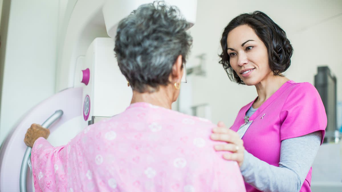 Senior woman having a mammography scan at hospital