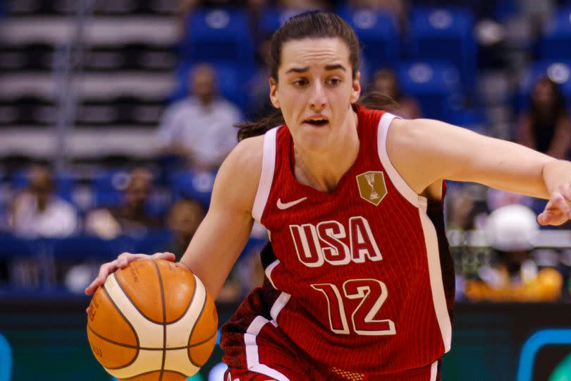 Caitlin Clark #12 of the United States plays during the game at the 2026 FIBA World Cup Qualifying Tournament between the United States and Spain in San Juan, Puerto Rico, on March 17, 2026, at Coliseo Jose Miguel Agrelot